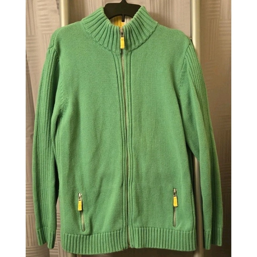 Lands End Womens Sweater Cardigan XL 18-20 Green Heavyweight Ribbed Zip Up Y2K‎